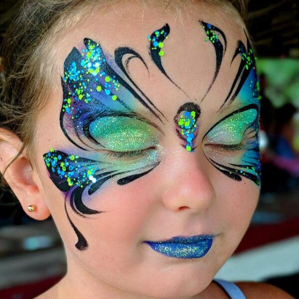 Butterfly face painting by Jacqueline Howe using Nu-Ocean Vivid Glitter