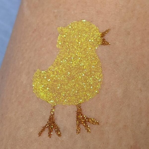 Chick glitter tattoo stencil example in TAG Lemon Zest glitter