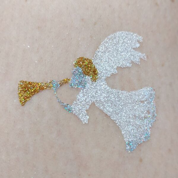 Christmas Angel glitter Tattoo in ABA Pearl White and TAG Holo Silver and Holo Gold