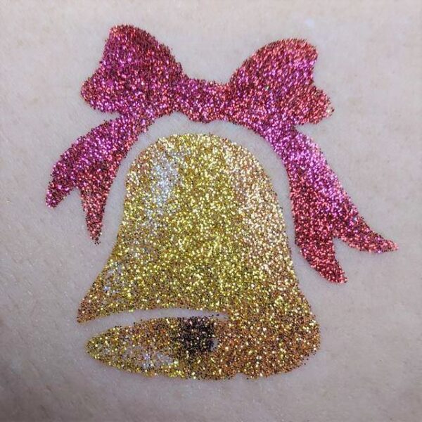 Christmas Bell glitter tattoo in TAG glitters - Yellow Gold, Dark Gold, Bronze, White, Red and Bright Pink