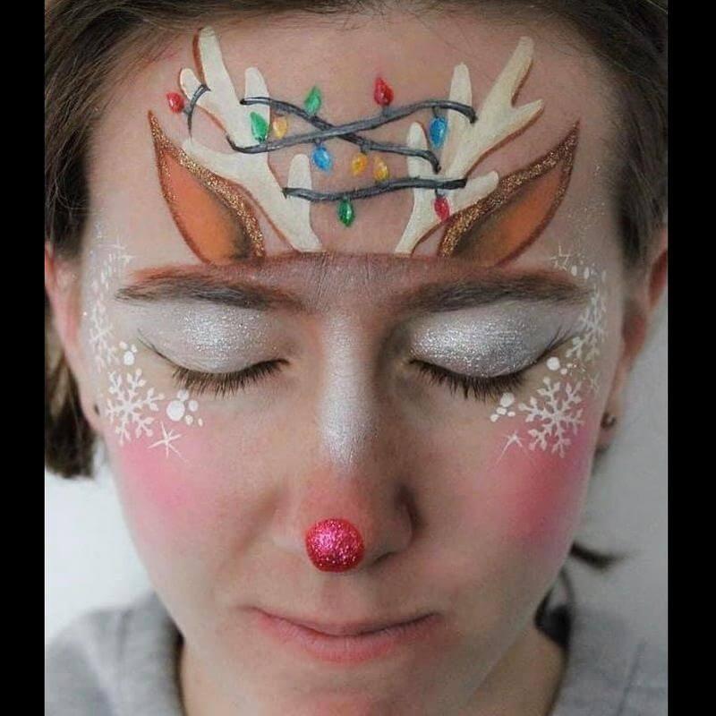 Christmas Rudolph face painting design using BAM1036 Snowflakes stencil with Gold Glitter Gel highlights