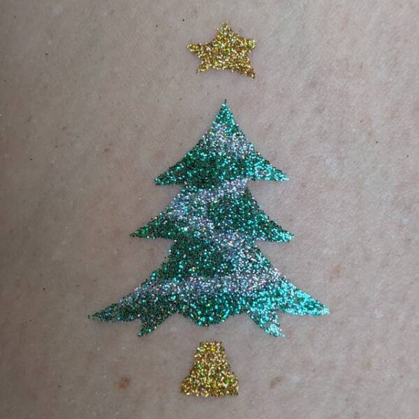 Christmas Tree glitter tattoo in TAG Emerald Green, TAG Holo Silver and TAG Holo Gold glitters