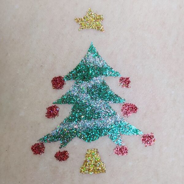 Christmas Tree glitter tattoo in TAG Emerald Green TAG Red TAG Holo Silver and TAG Holo Gold
