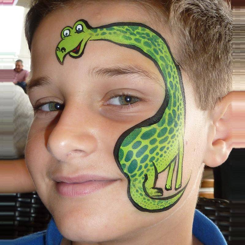 Dinosaur face painting using BAM1005 reptile skin face painting stencil