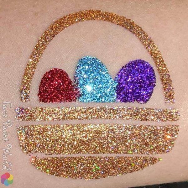 Easter Basket glitter tattoo in ABA Ocean Spray, TAG Red, ABA Grape Soda, TAG Dark Gold and TAG Holographic Dark Gold glitters