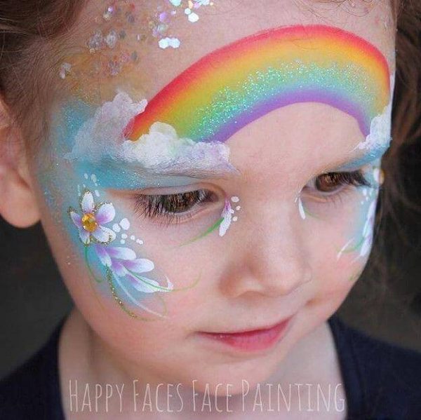 Easy Rainbow face painting design with Face Paint World True Rainbow one-stroke and gold glitter gel