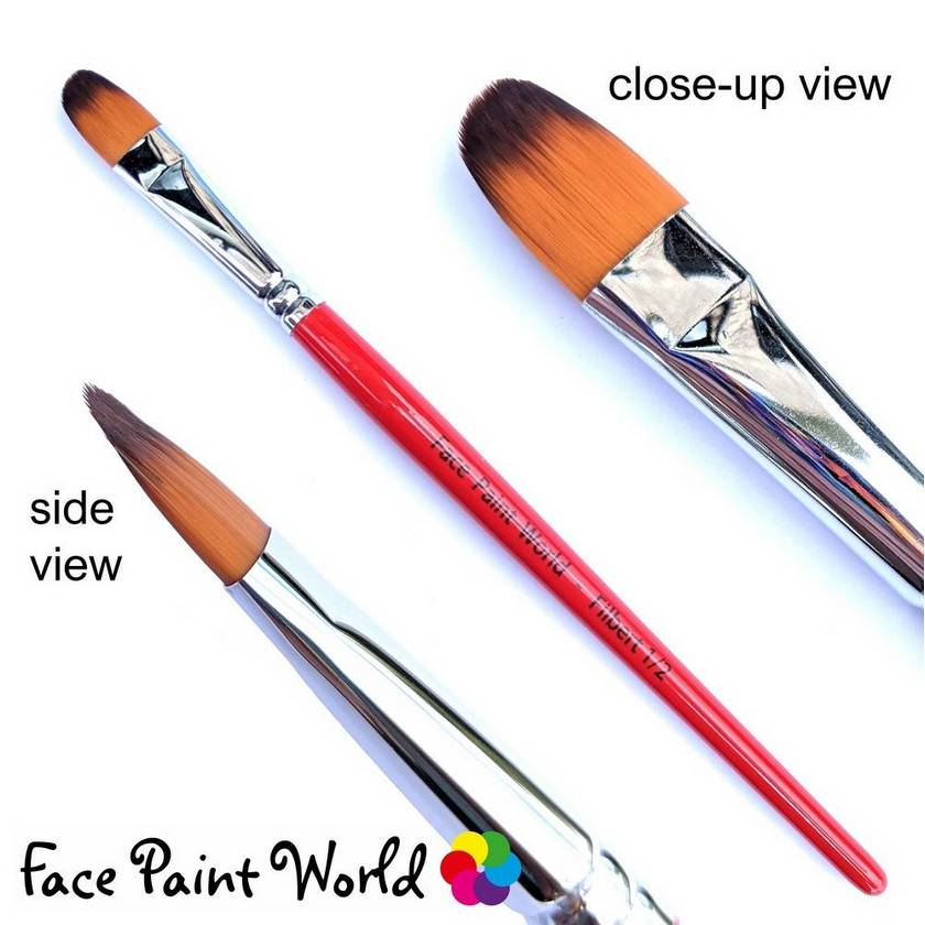 Face Paint World half inch FILBERT BRUSH showing full, close up and side views