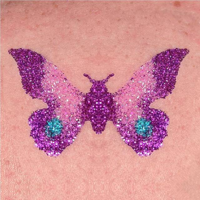 TAG Butterfly glitter tattoo with ABA Fuchsia glitter, TAG Crystal Pink glitter and ABA Royal Blue glitter