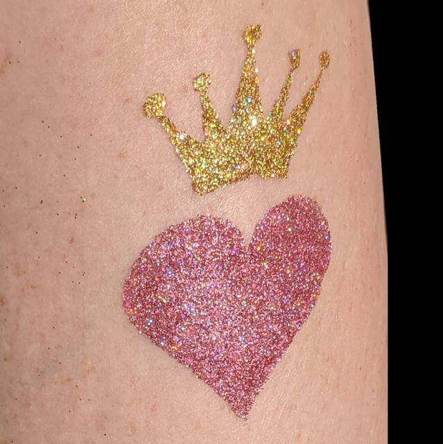 TAG Heart Crown glitter tattoo in TAG Holographic Gold glitter and ABA Holographic Pink glitter