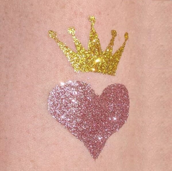TAG Heart Crown glitter tattoo in TAG Yellow Gold glitter and TAG Rose Pink glitter