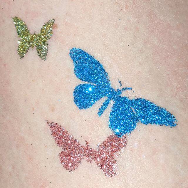 Triple Butterfly glitter tattoo with Tag Rose Pink, Tag Electric Blue and ABA Brilliant Gold glitter